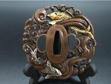 TSUBA Japanese Sword guard Carp swimming around Samurai Katana Edo JP