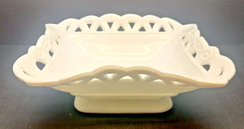 Vintage Atterbury White Milk Glass Footed Lace Edged Rectangle Decorative Bowl