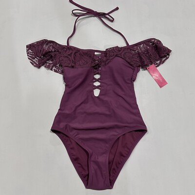 Xhilaration Juniors' Lace Off The Shoulder Halter One Piece Swim Suit - Berry XS
