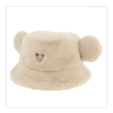 Tokyo Disney Resort Mickey Mouse Beige Fluffy Bucket Hat Ears Japan Used
