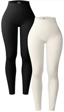 OQQ Women's 2 Piece Yoga Leggings Ribbed Seamless Workout High Waist Athletic LG