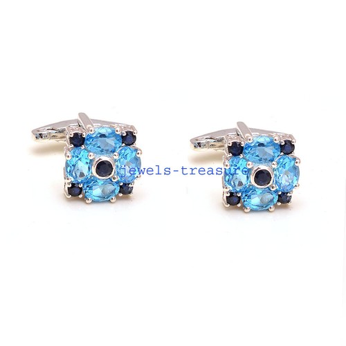Boutons De Manchette Argent 925 Avec Topaze Bleue Et Saphir - Fait Main, Naturel, Inde