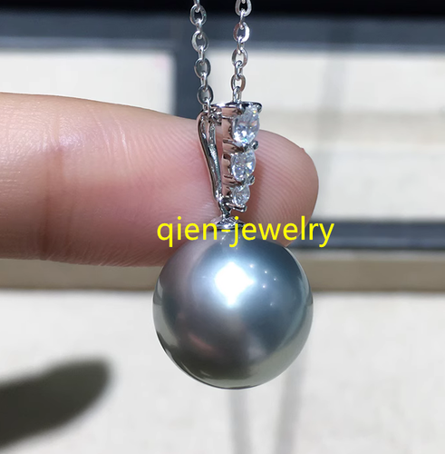 18" Nice AAAA 12mm Perfect Round Tahitian Gray Shell Pearl Pendant Necklaces - Picture 5 of 6