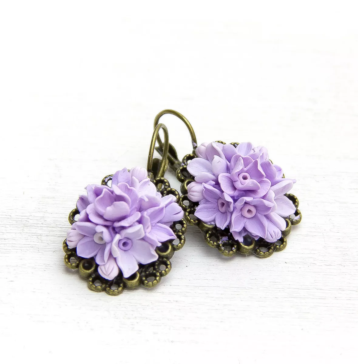 Lilac Earrings Polymer Clay Handmade Flowers Earrings Purple Floral Earrings