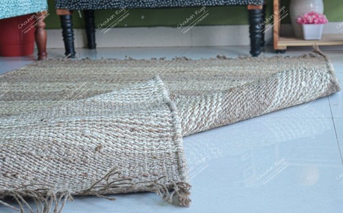 Beige Hemp Stair Rectangle with White Stripes With Fringes Jute Rug Boho Decor - Foto 6 di 9