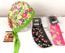 3 NIP Surgical Nurse Doctor Scrub Cap Mary Engelbreit Grn &Pink Floral &Cherries