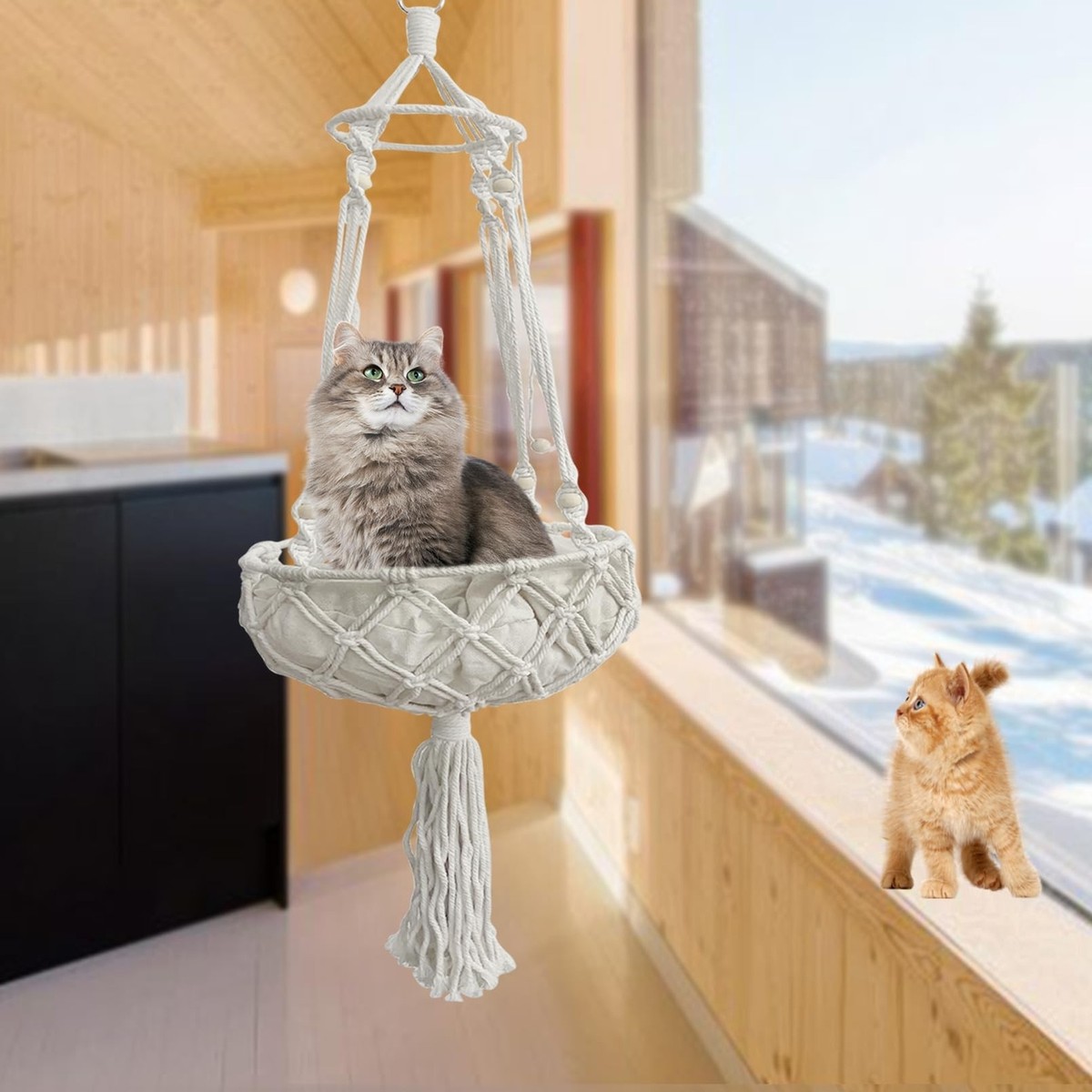 kathson Macrame Cat Hammock with Cushion,Handwoven Cats Bed