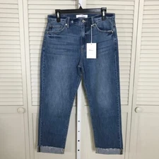 NWT Kan Can Medium Wash Raw Hem Cuffed Cropped 100% Cotton Straight Jeans 28