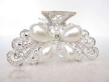 Silver metal butterfly faux pearl and clear crystal hair claw clip bridal clip