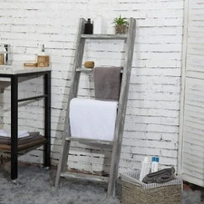 MyGift Wall Leaning Rustic Gray with White Finish Wood Ladder Style Blanket Rack