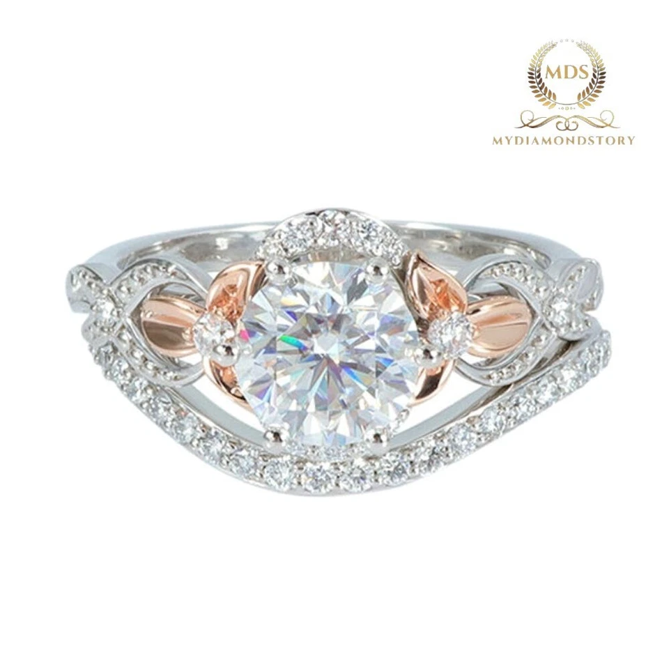 VVS1 Round Cut 3 CT Moissanite Bridal Set Engagement Ring Solid 14K White Gold - Image 2 of 4