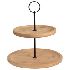 Serving Tray 2 Tier Bamboo Round Black Metal 16.5 and 21.5 cm Wooden Cake Stand