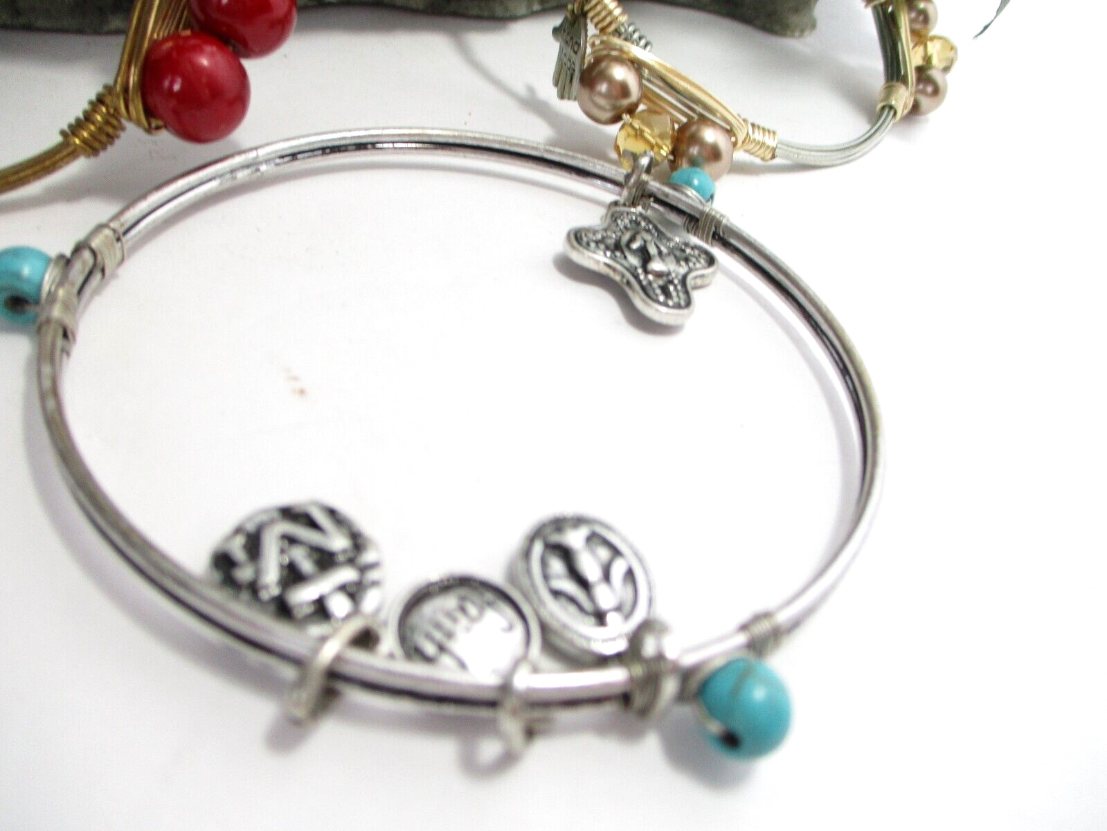 Three Bangle Bracelets Gold and Silver With Red, … - image 4