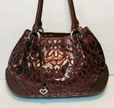 BRIGHTON VALENCIA METALLIC BROWN FLORAL EMBROIDERED HANDBAG SHOLDER BAG PURSE 