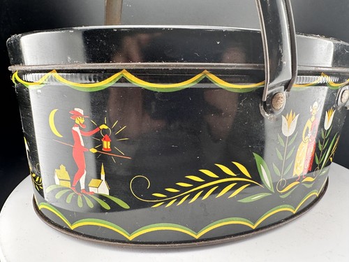 VTG 1950s Dutch Cottagecore Sewing Tin Box Oval Handles 11" Long 4.25" T Folk Ar - Picture 18 of 23