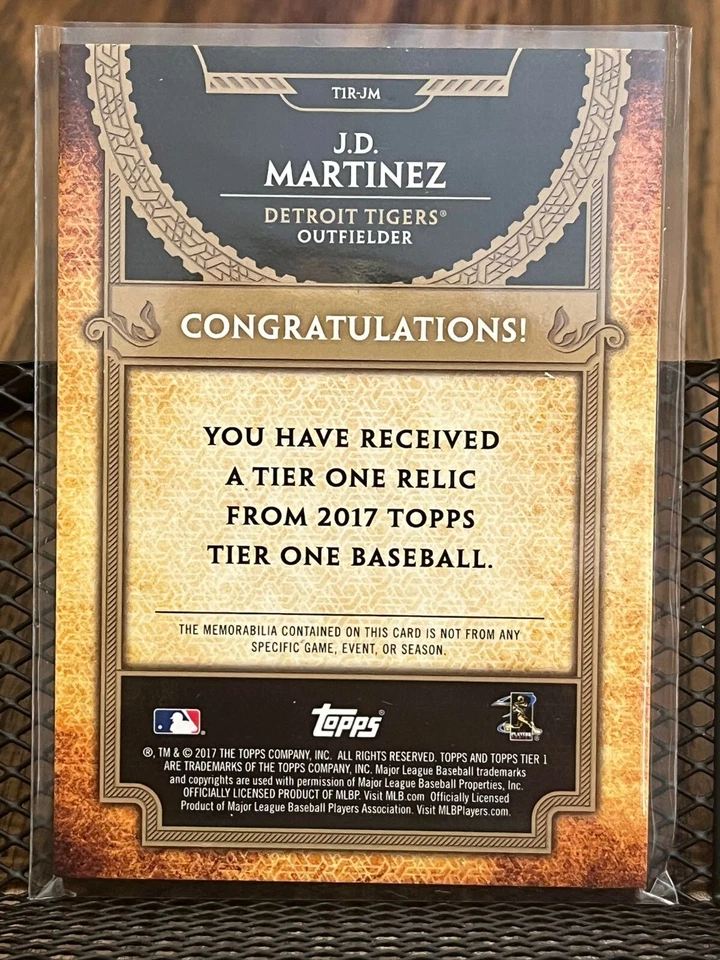 J.D. MARTINEZ 2017 TOPPS TIER ONE DETROIT TIGERS WORN JERSEY PATCH RELIC INSERT! - Image 2 of 2