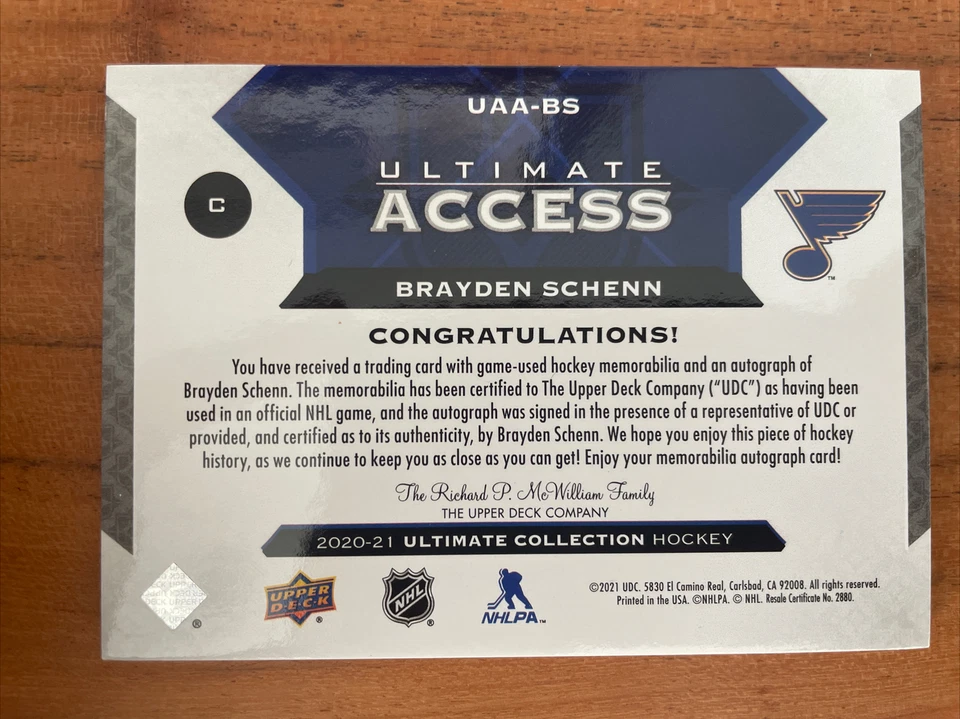 2020-21 UD Ultimate Collection Brayden Schenn Ultimate Access Auto 5/6 #UAA-BS - Image 2 of 2