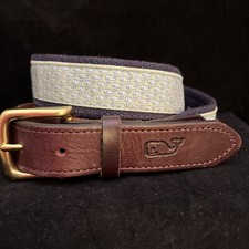 Vineyard Vines Whale Belt Size 30 Brown Leather Navy Canvas Light Green Whales