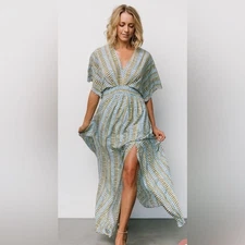 Baltic Born Mylis Kimono Maxi Dress Blue Green Print Size L NWT $109 Leg Slits