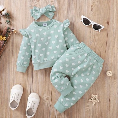 Newborn Baby Girl Clothes Outfit Long Sleeve Heart Print Tops+Pants+Headband Set