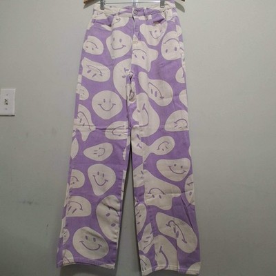 Bailey Rose Purple Melting Smiley Face High Rise Straight Leg Pants Small Funky