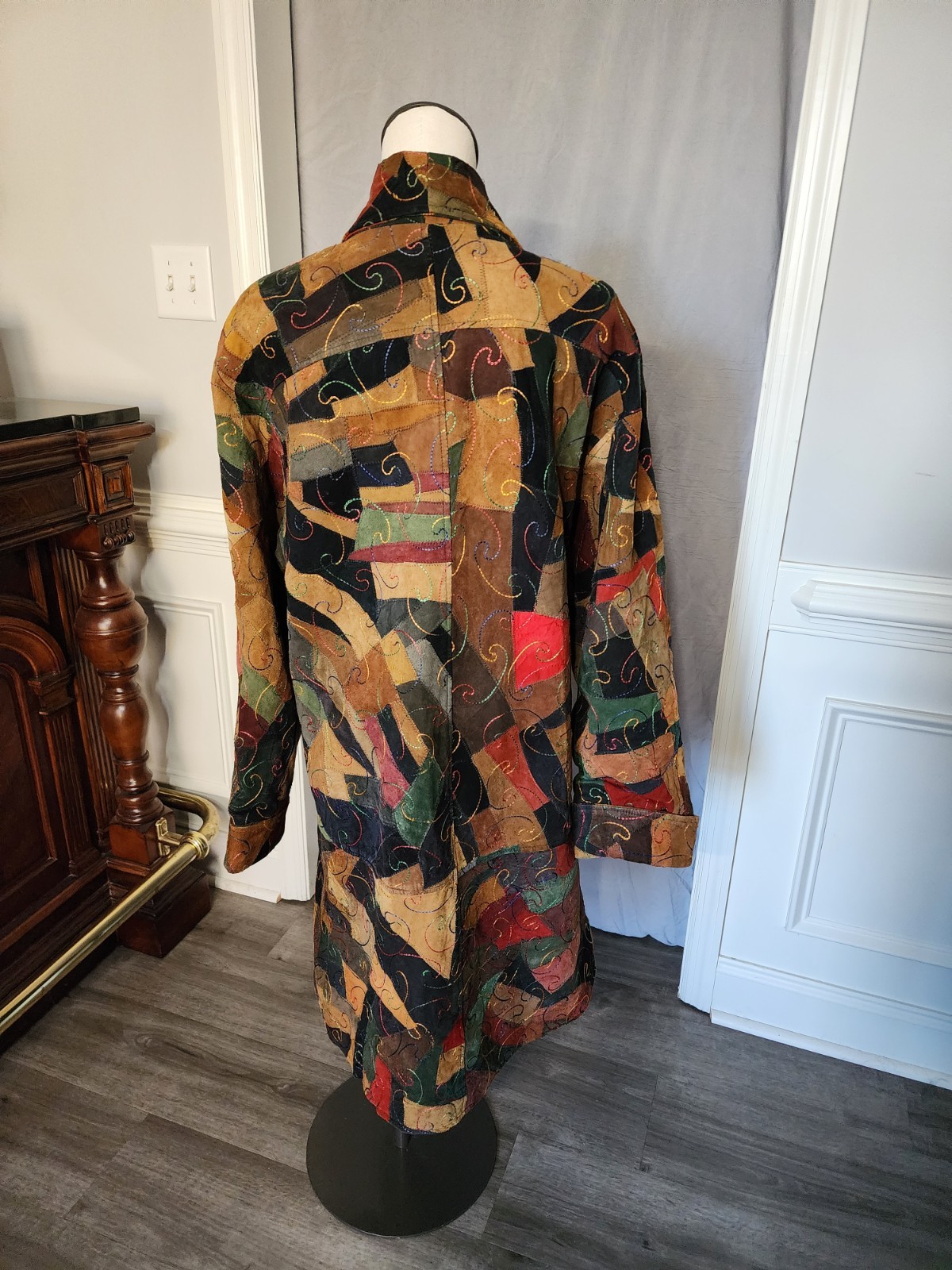 Boho Patchwork Suede Leather Duster Coat Multicol… - image 6