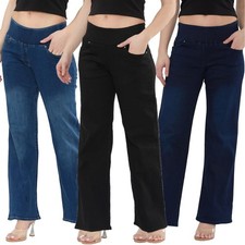 Womens Tummy Control Wide Leg Jeans Elasticated High Waist Stretchy Denim Pants