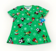 NEW Disney Mickey  Friends Women's Christmas Theme Green V-Neck Scrub Top SM