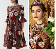 INCREDIBLE! DOLCEGABBANA pink dress velvet rose print Fanar sleeve Ruffle