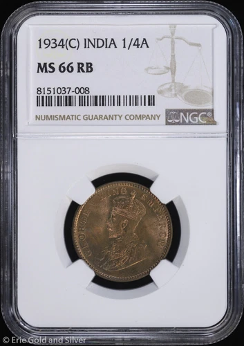1934-(C) India 1/4 Anna NGC MS 66 RB | Toned Uncirculated UNC BU