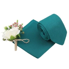 DQT Plain Knitted Slim Neck Tie and Pocket Square Set for Men Teal