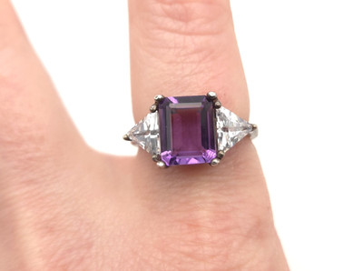 Sterling Silver Signed JC 925 Emerald Cut Amethyst and Cubic Zirconia Ring sz 8