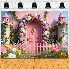 Spring Garden Backdrop Fairytale Pink Door Fence Floral Arch Background Photo