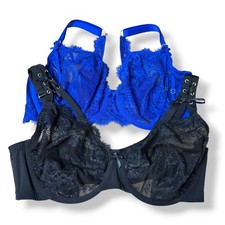 Cacique Balconette Bras 42DDD Lot of 2 Blue Black Unlined Lace Underwire Full