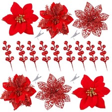 30 Pcs 3 Styles Christmas Glitter Poinsettia Flowers Artificial Berry Picks C...
