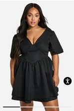 Boohoo Black Boho Mini Dress NWT US 18 Plunge V Neck Flutter Sleeve Fit Flare