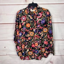 Boden Top Womens US 8L Black Floral Shirt Linen Button Up Tunic Colorful Collar