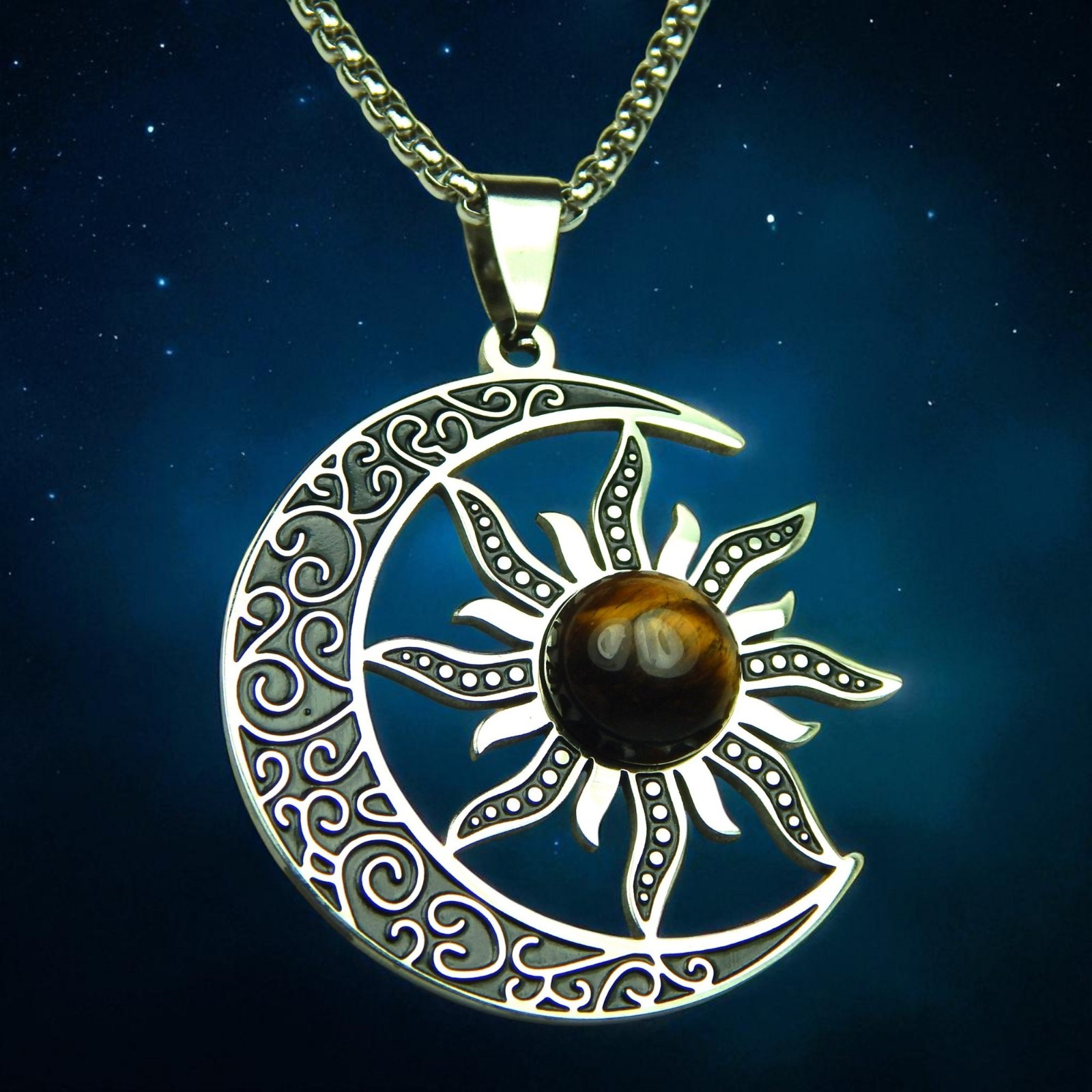Bohemian Sun Moon Necklace Silver Stainless Steel Tigers Eye Celestial Pendant