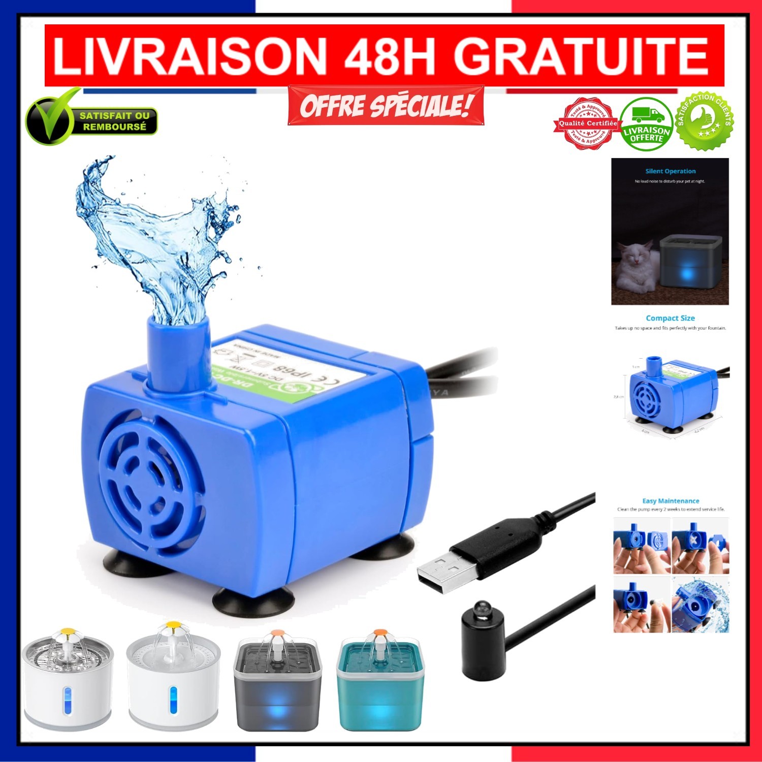 Pompe Nicrew silencieuse 1,5 L/min avec moteur USB basse consommation