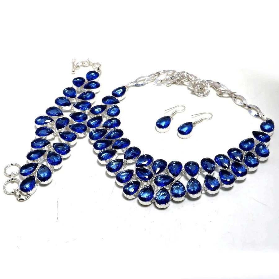 Juego de joyas de piedras preciosas de cuarzo tanzanita cadena ajustable forma de pera conjunto de collar Foto 3 de 4