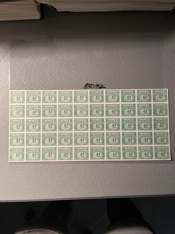 Scott RE192 Wines Revenue 67 Cents Full Sheet Of 50 MNH NG