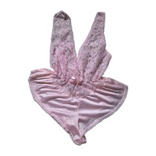 Vintage Pink Lace Satin Teddy Bodysuit Lingerie Romper Sz M Made in USA EUC