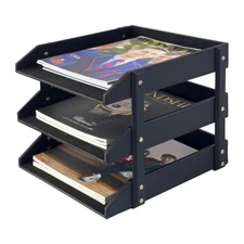 Unionbasic 3-Layer Document Paper Letter Tray, Faux Leather Desktop Fi