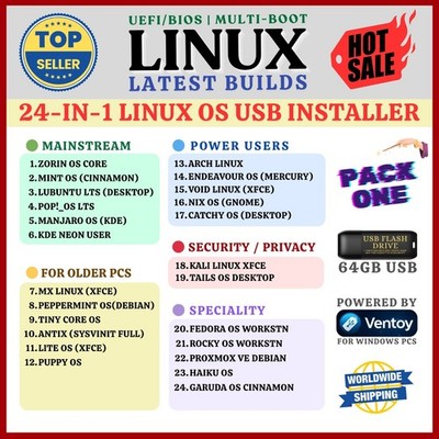 24 LINUX DISTROS MASTER USB COLLECTION 2026 64GB MULTI-BOOT, UEFI/BIOS | PACK #1