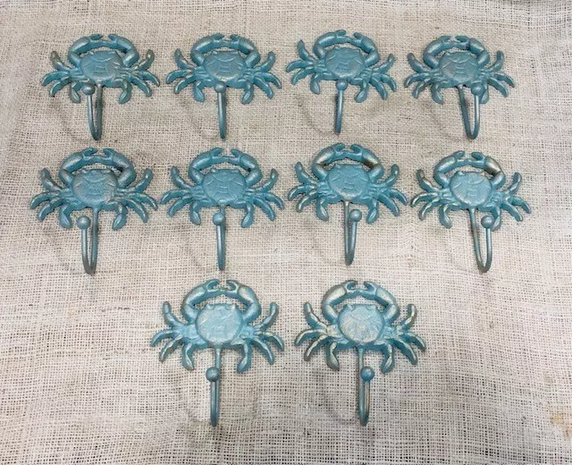 8 Cast Iron CRAB Towel Hanger Coat Hooks Hat Hook Key Rack Nautical Beach  House