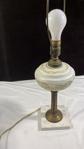 Brass and Porcelain Lamps w/ Marble Base Milk Glass w/ Handpainted Gold Accents