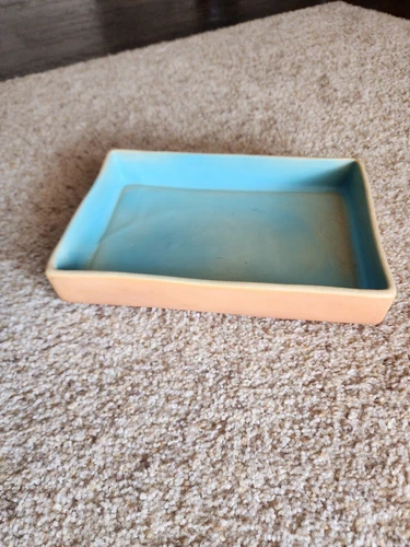 RARE VINTAGE 1949 Roseville Florane 95-10 Tan & Blue Rectangle Bowl Mid Centurty