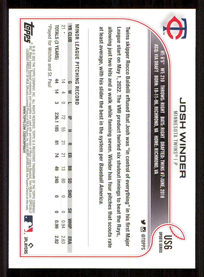 2022 Topps Update #US6 Josh Winder RC - Image 2 of 2