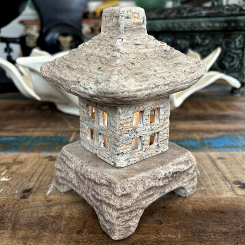 Small Faux Stone Ceramic Pagoda Tealight Night Light 7" Tall Battery LED Unique! - Picture 2 of 10