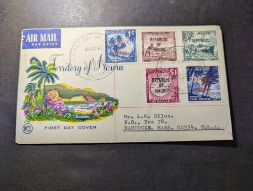 1968 Republic of Nauru Overprint Airmail First Day Cover FDC to Nantucket MA USA - Picture 1 of 2